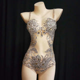 Sparkly Silver Rhinestone See Through Bodysuit Women Feather Leotard Outfit Female Bar Dance Stage Party Dance Stage Costume