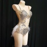 Sparkly Silver Rhinestone See Through Bodysuit Women Feather Leotard Outfit Female Bar Dance Stage Party Dance Stage Costume
