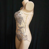 Sparkly Silver Rhinestone See Through Bodysuit Women Feather Leotard Outfit Female Bar Dance Stage Party Dance Stage Costume