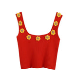 KPYTOMOA Women 2020 Sweet Fashion Floral Appliques Cropped Knitted Vest Sweater Vintage Sleeveless Female Pullovers Chic Tops