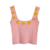 KPYTOMOA Women 2020 Sweet Fashion Floral Appliques Cropped Knitted Vest Sweater Vintage Sleeveless Female Pullovers Chic Tops