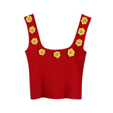 KPYTOMOA Women 2020 Sweet Fashion Floral Appliques Cropped Knitted Vest Sweater Vintage Sleeveless Female Pullovers Chic Tops