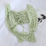 chiffon women blouse puff sleeved floral drawstring short high waist lady elegant pulls outwear coat tops
