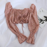 chiffon women blouse puff sleeved floral drawstring short high waist lady elegant pulls outwear coat tops