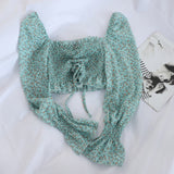 chiffon women blouse puff sleeved floral drawstring short high waist lady elegant pulls outwear coat tops